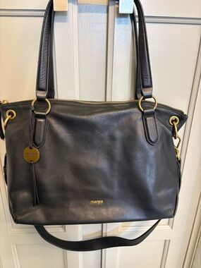 Margot New York Black Leather Shoulder Bag with Gold Accents